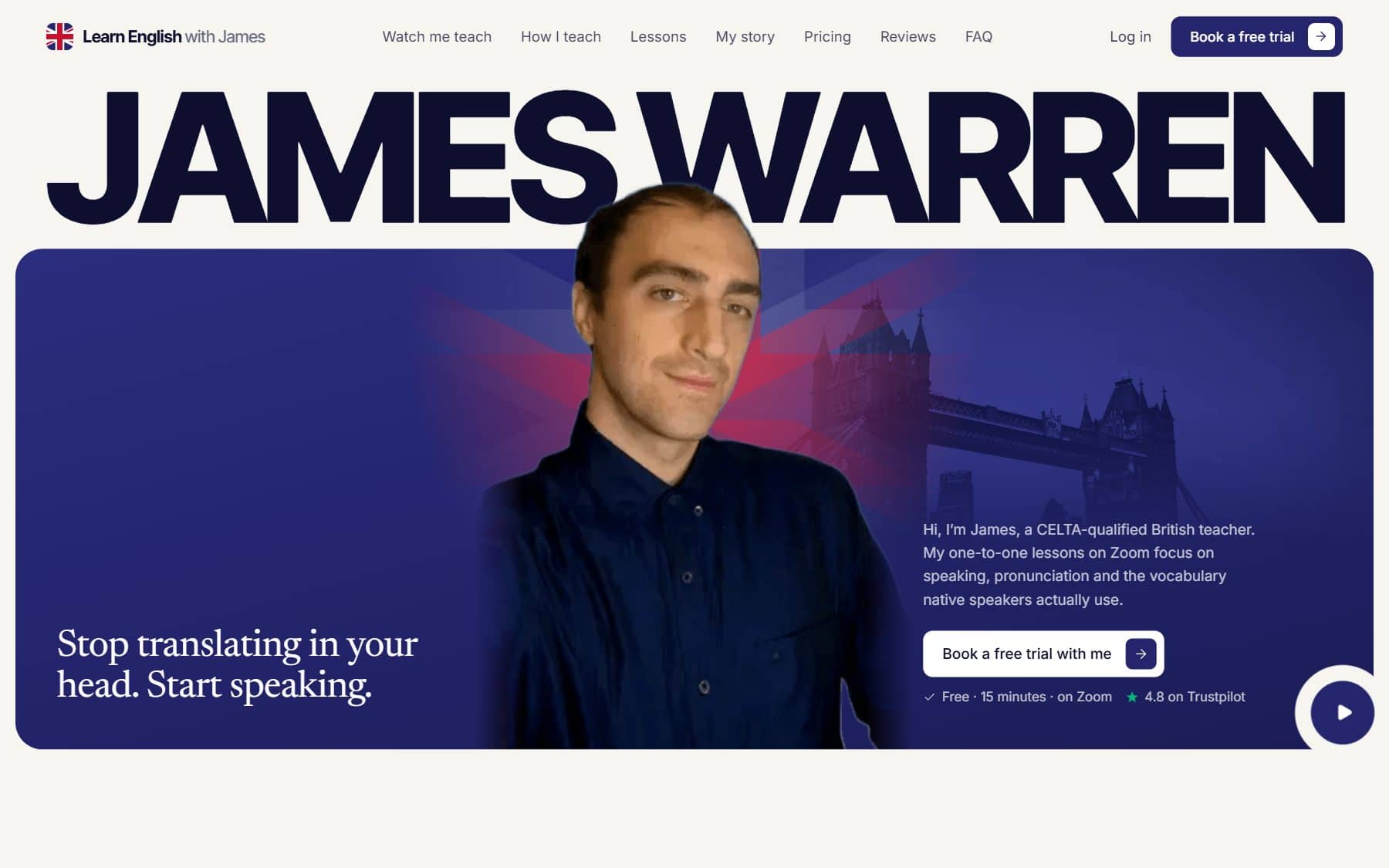 Home page: the tutor’s portrait on a deep blue panel with a free trial lesson button