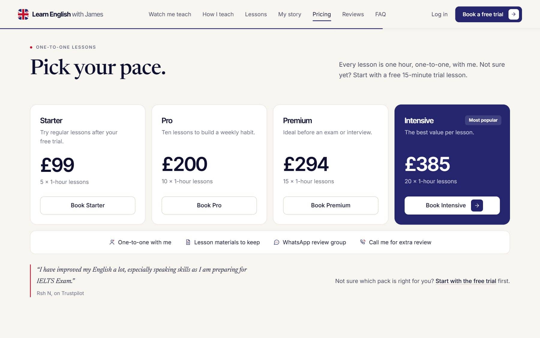 Four lesson packages side by side, with the most popular one highlighted