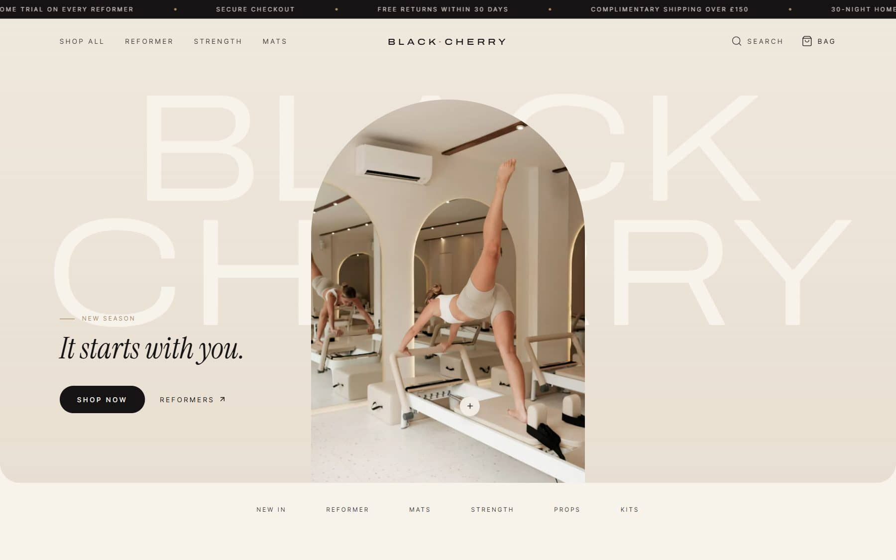 Home page: an arched photo of a pilates reformer studio with the line “It starts with you.”