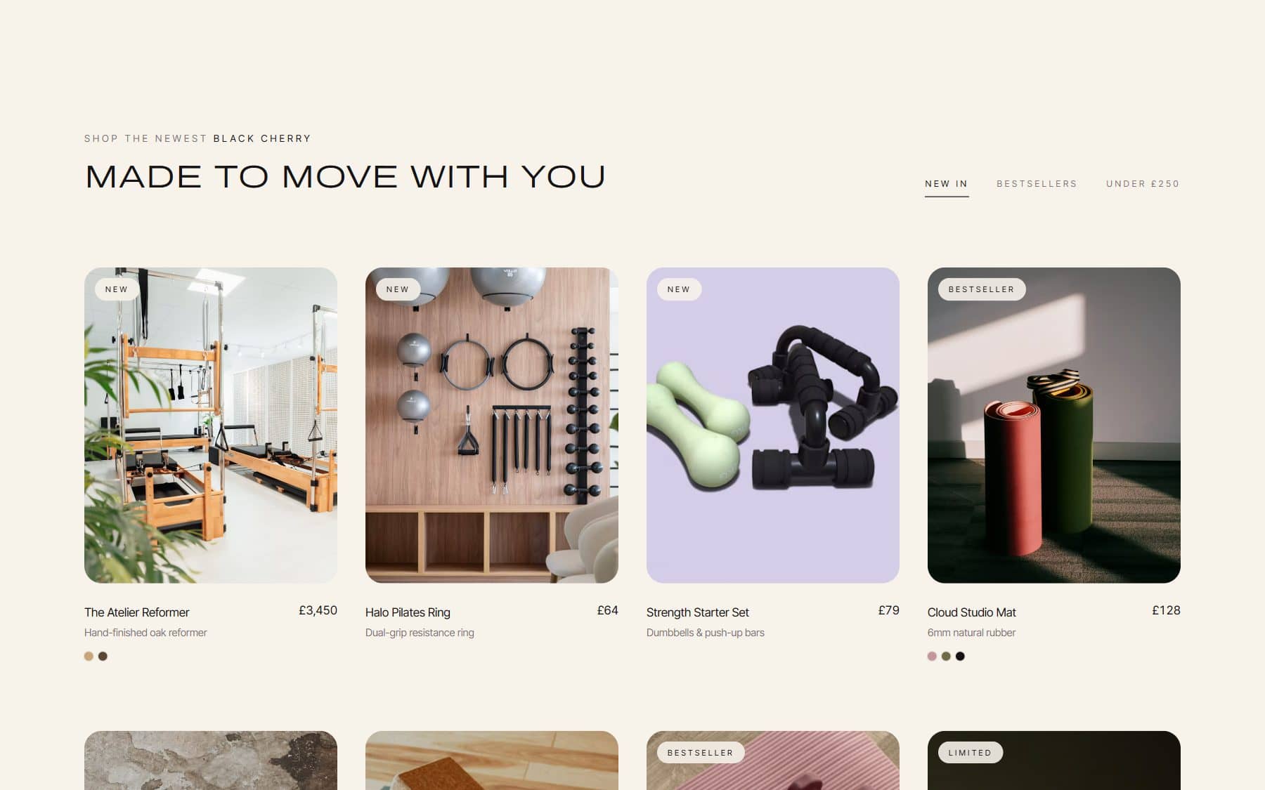 Product grid “Made to move with you” with tabs for new in, bestsellers and under £250