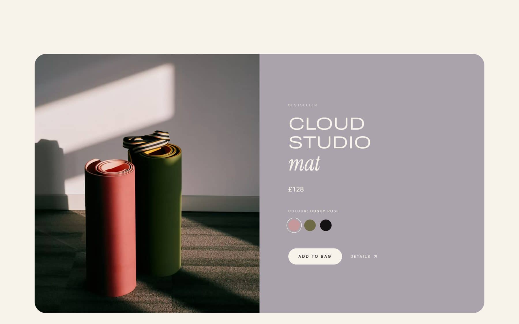 Featured product: a studio mat with colour swatches and an add-to-bag button