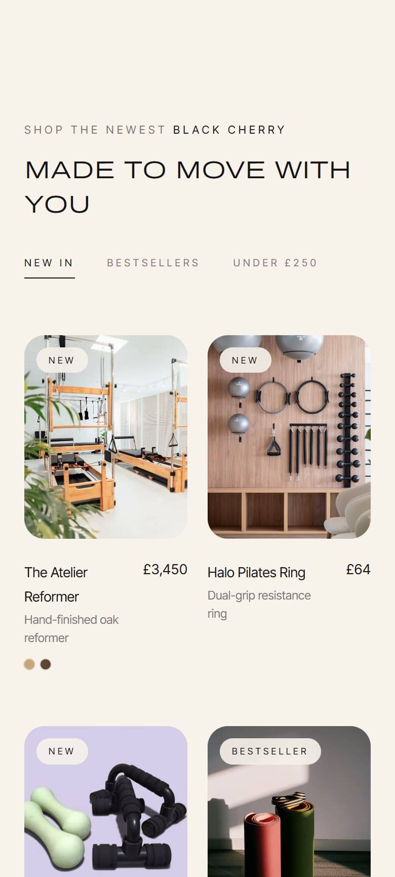 Mobile product grid with collection tabs