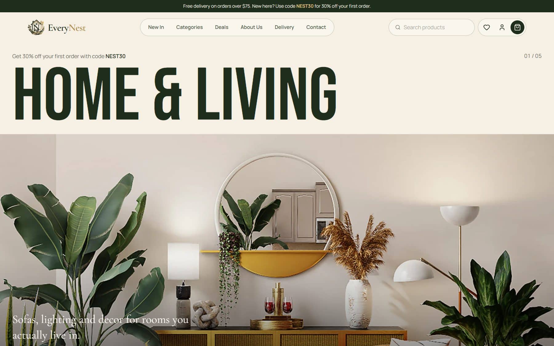 Home page: a large “Home & living” headline over a styled living room