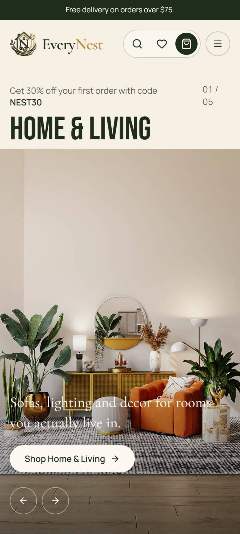 Mobile home page with the living room hero and a shop button