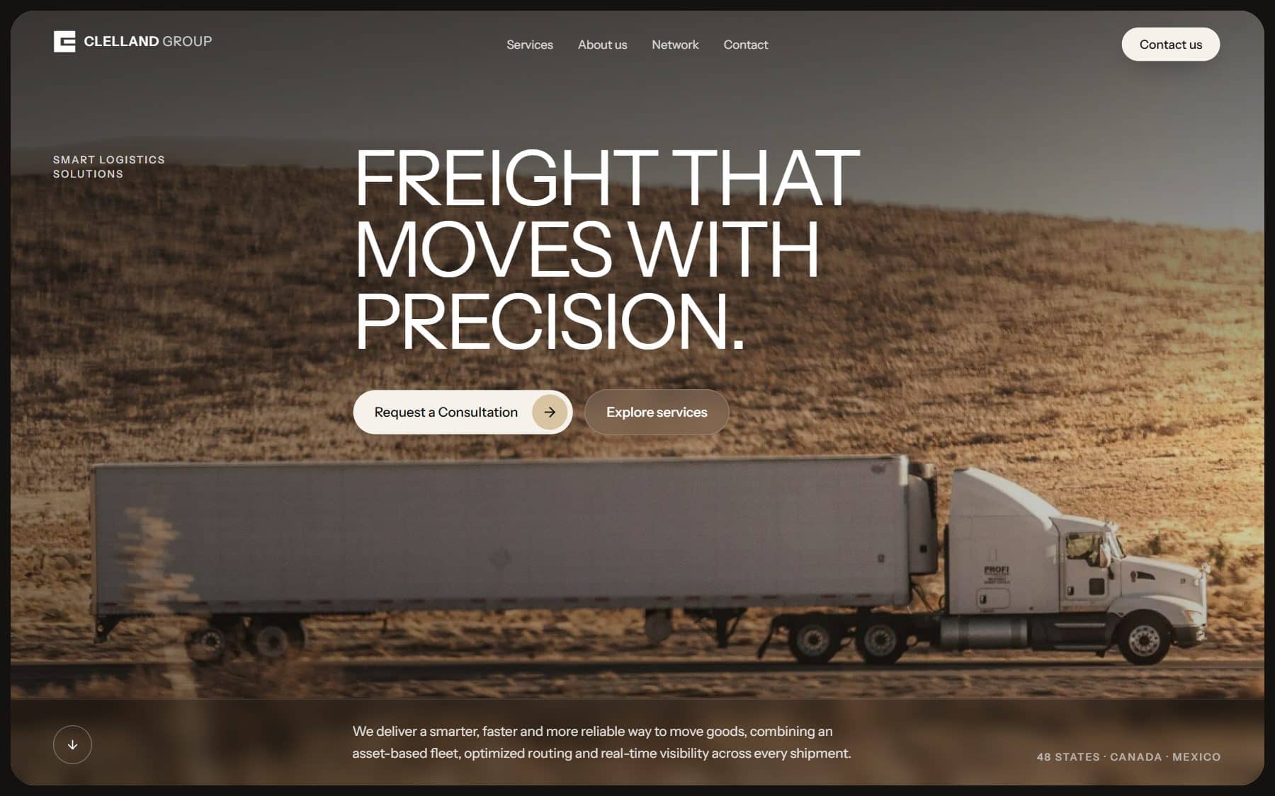Home page: “Freight that moves with precision.” over a truck crossing open country