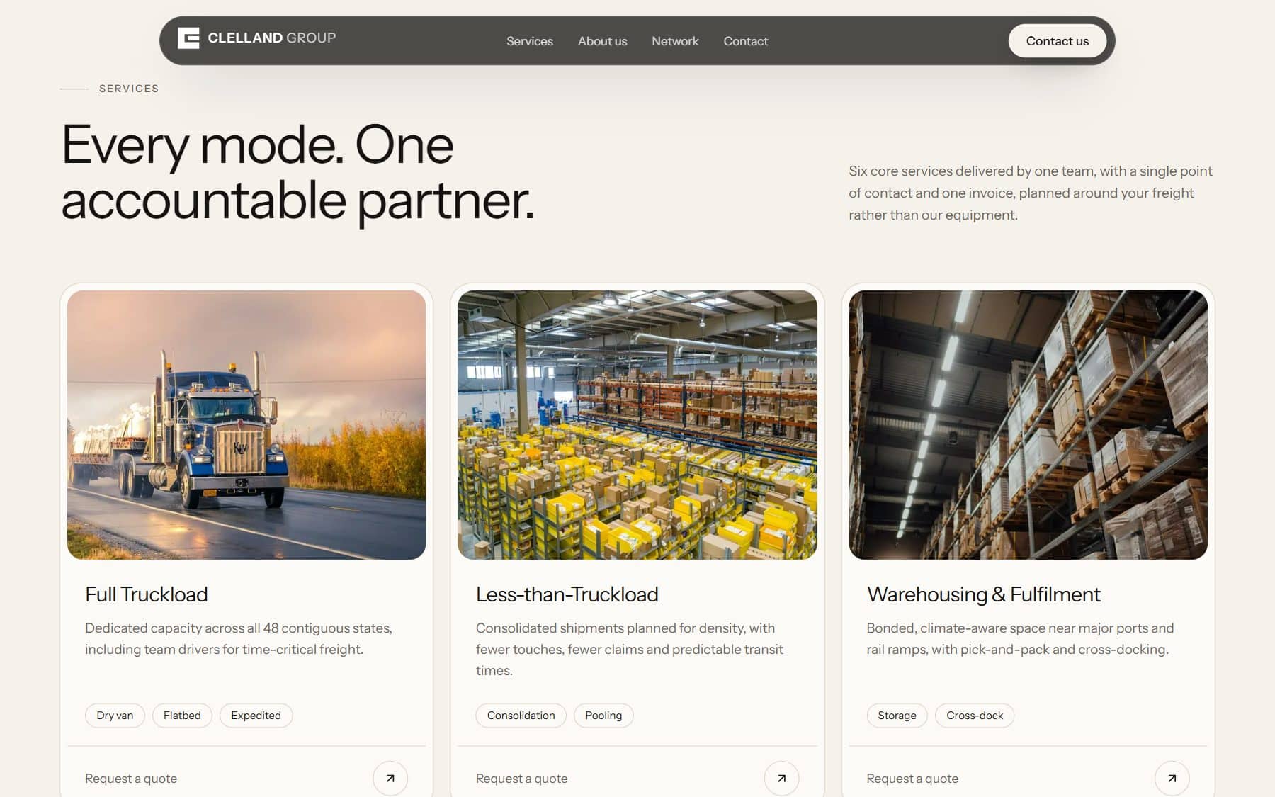Services: “Every mode. One accountable partner.” with truckload, less-than-truckload and warehousing cards