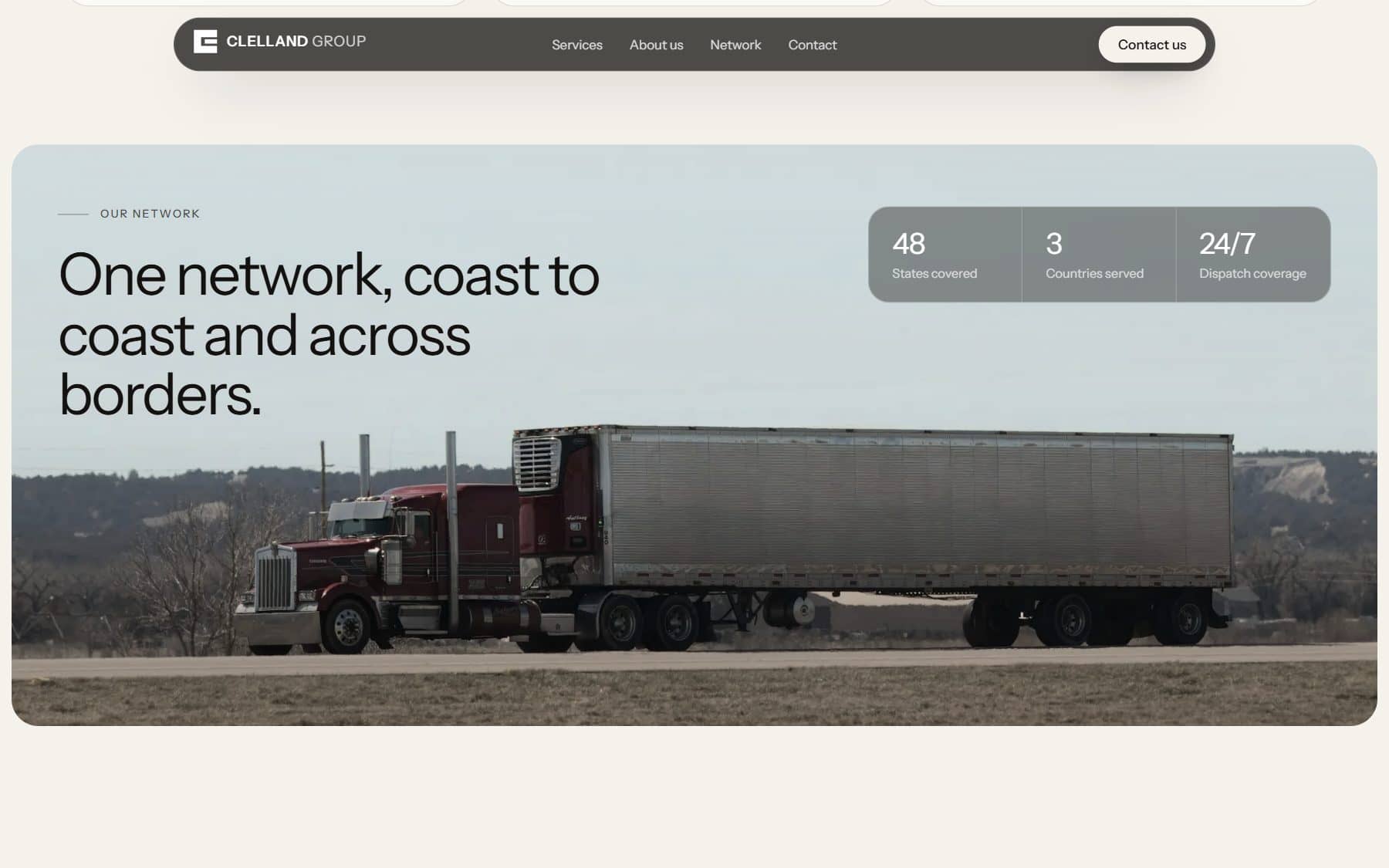 Network: “One network, coast to coast and across borders.” with coverage figures over a truck photo