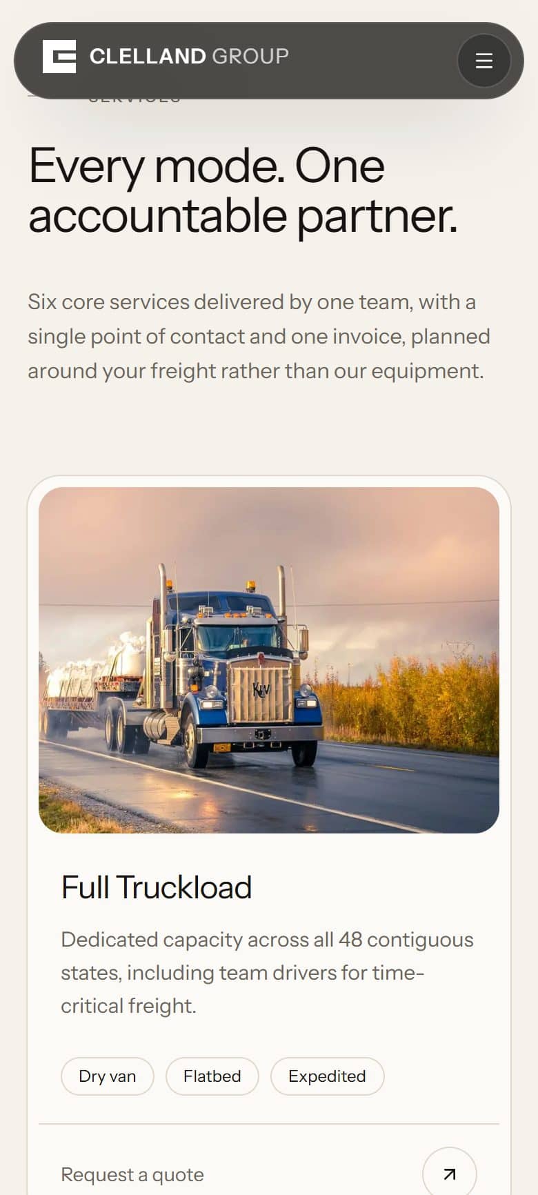 Mobile service card for full truckload with its tags and quote link