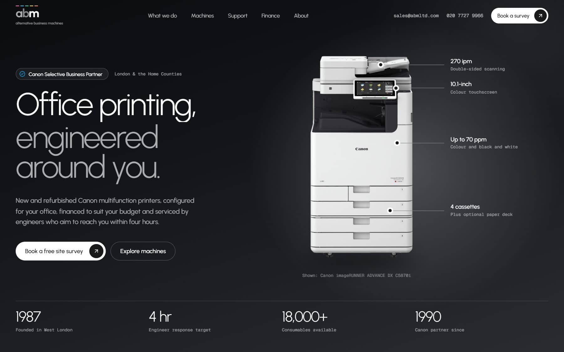 Home page: a dark hero reading “Office printing, engineered around you” beside a multifunction printer with its key specs