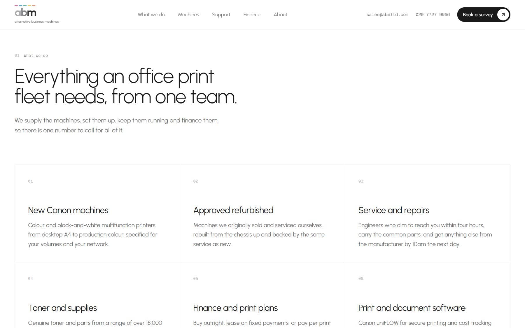 A services grid covering new machines, approved refurbished, service and repairs, toner, finance and print software