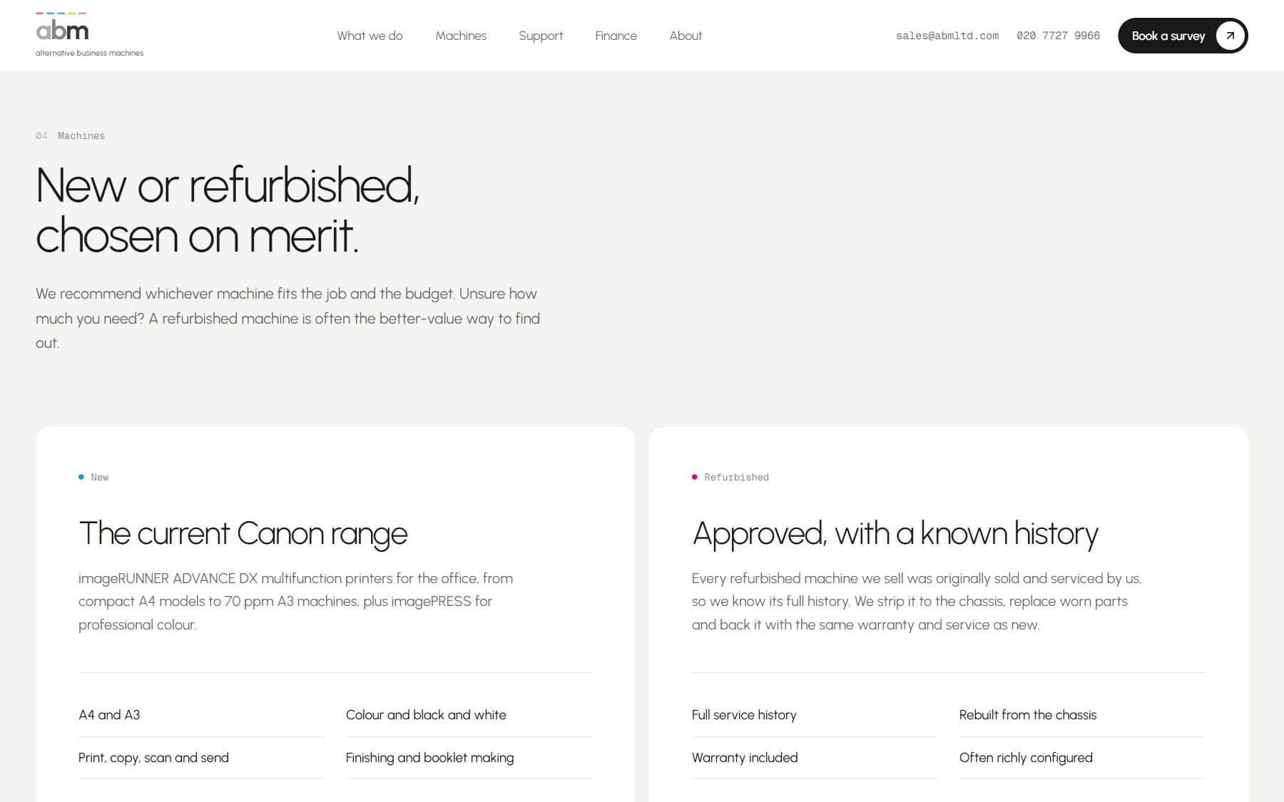Machines section comparing the current printer range with approved refurbished models