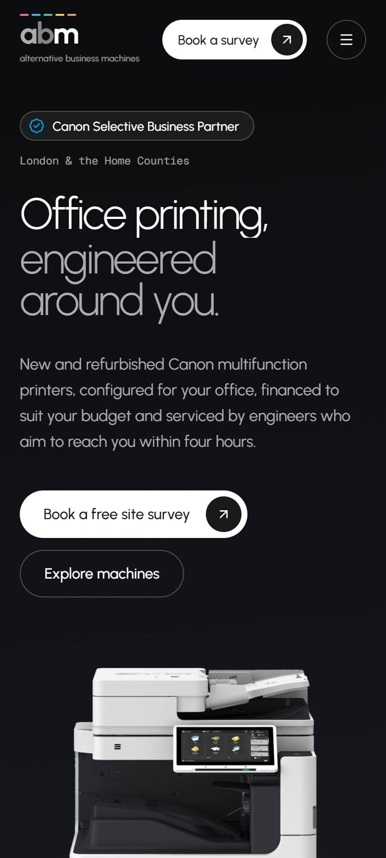 Mobile home page with the headline and a site survey button