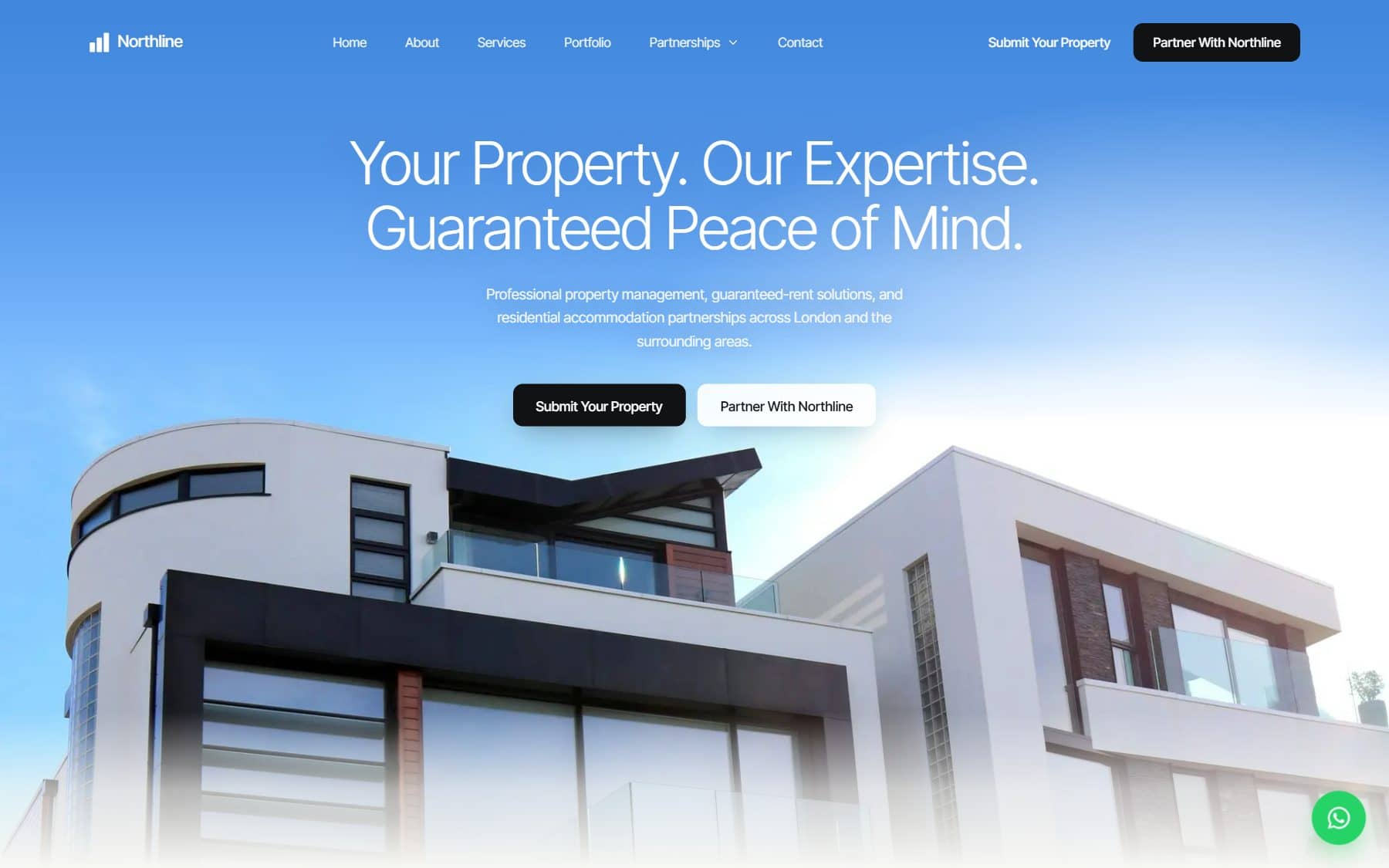 Home page: “Your Property. Our Expertise. Guaranteed Peace of Mind.” over modern apartment buildings