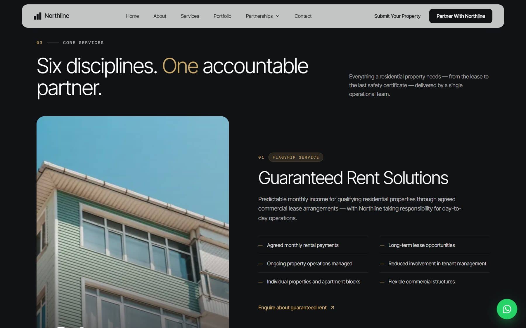 Core services: guaranteed rent, the flagship service, with its benefits listed