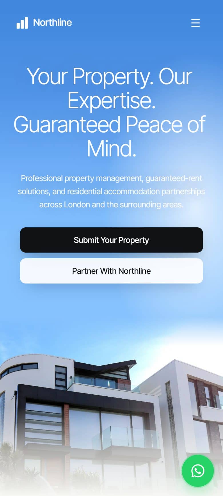 Mobile home page with the submit-a-property and partner buttons