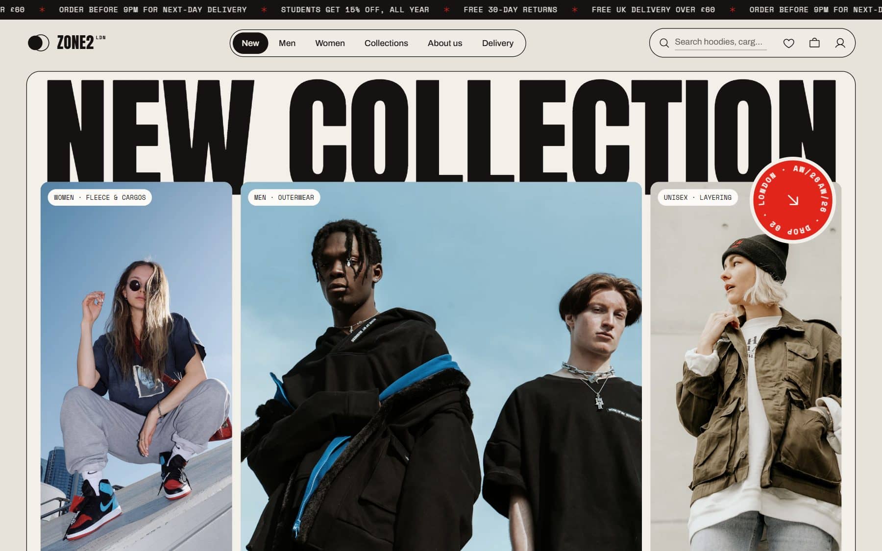 Home page: an oversized “New collection” headline over three streetwear model photos