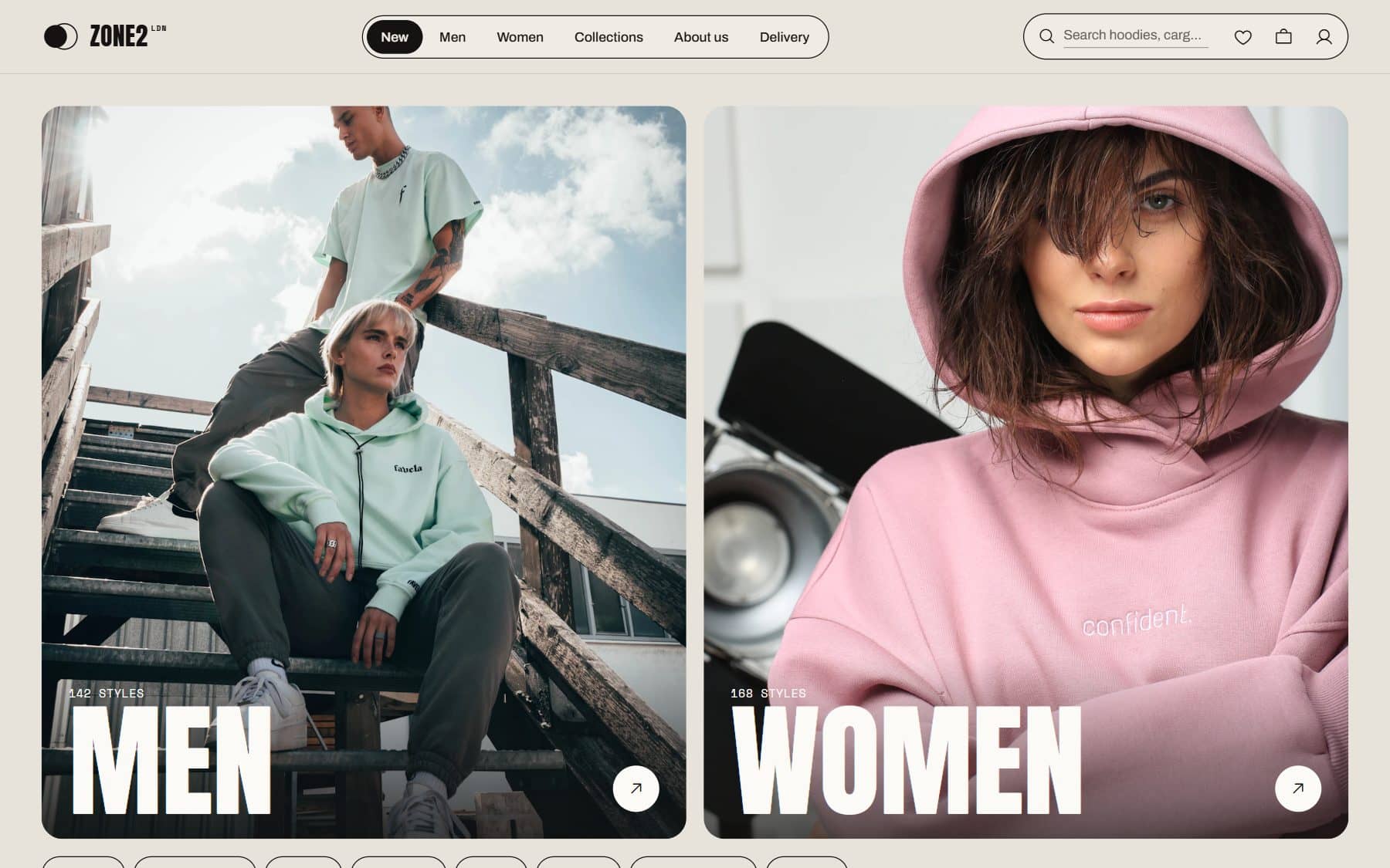 Men’s and women’s collection tiles with category chips underneath
