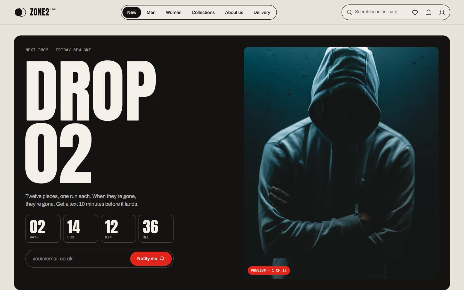 A limited-drop section with a countdown timer and a text-me sign-up