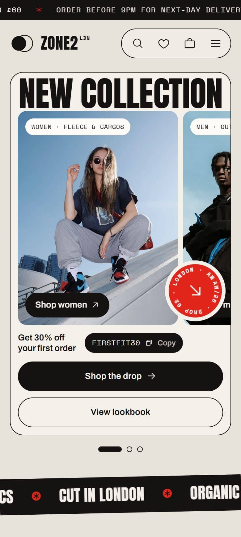 Mobile home page with the new collection and a first-order offer