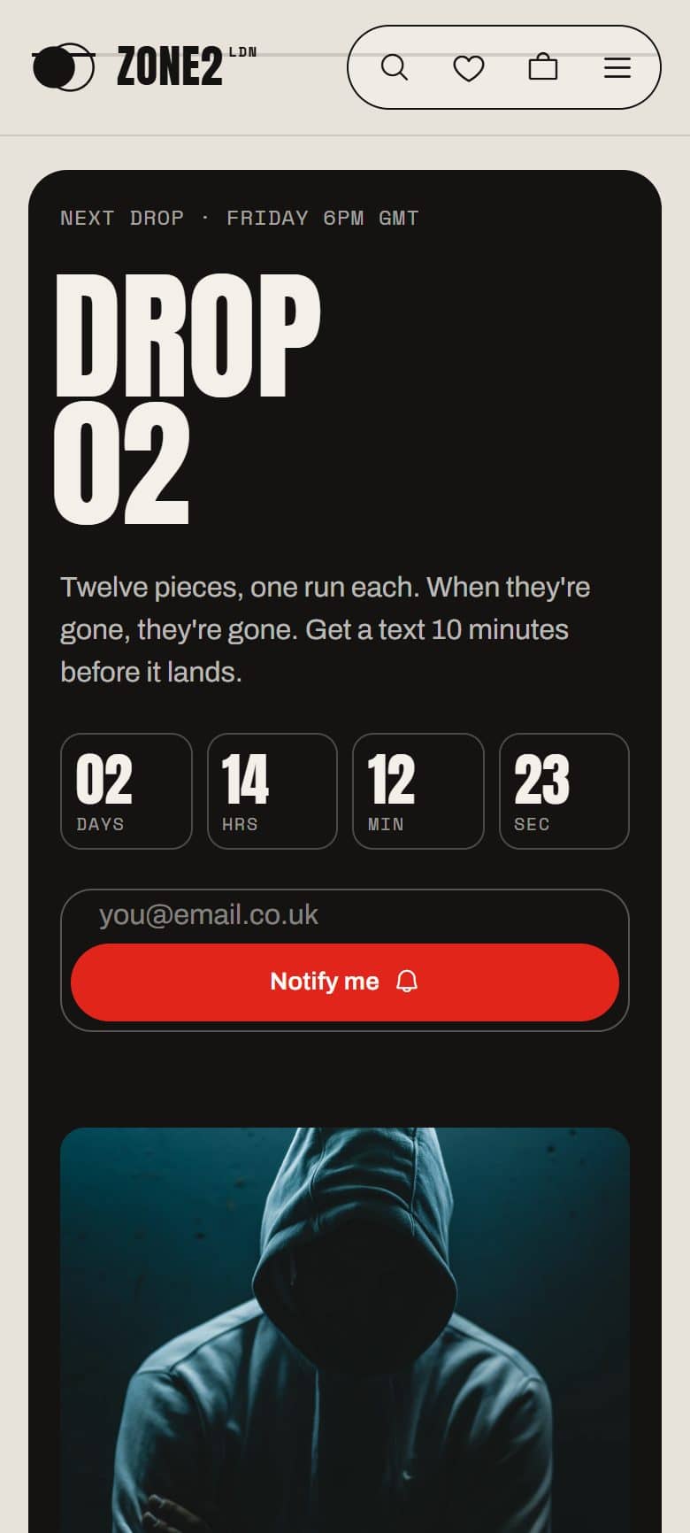 Mobile drop countdown with a notify-me form