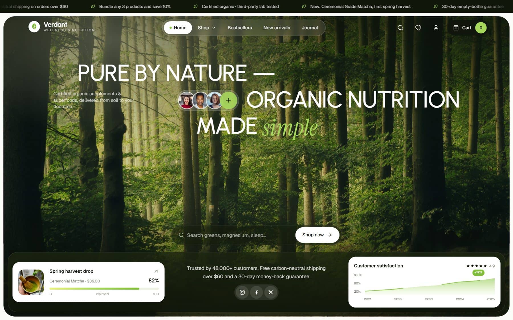 Home page: “Pure by nature, organic nutrition made simple” over a forest, with a product search
