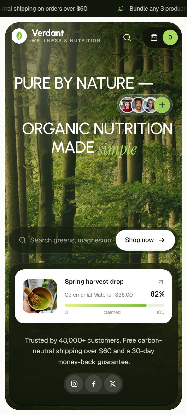 Mobile home page with the search bar and shop button