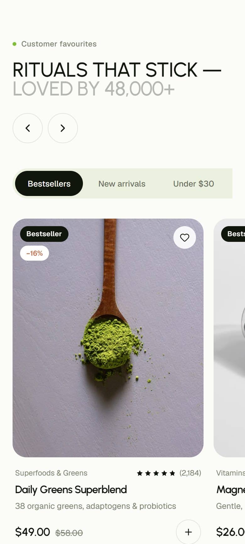 Mobile bestseller card with rating, price and quick add