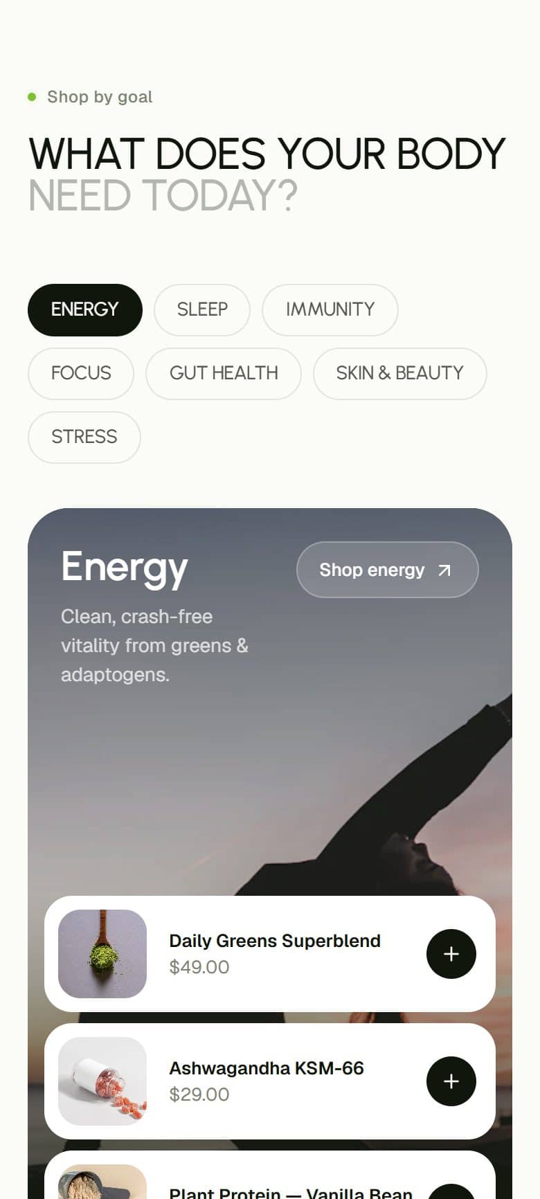 Mobile shop-by-goal chips and product list