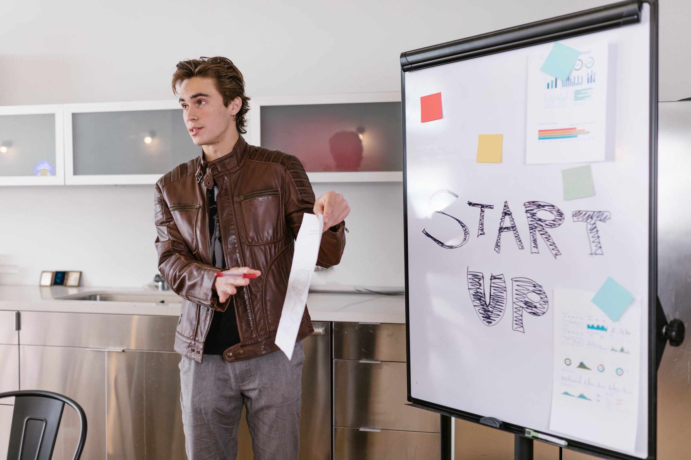 A founder presenting a startup plan on a flip chart