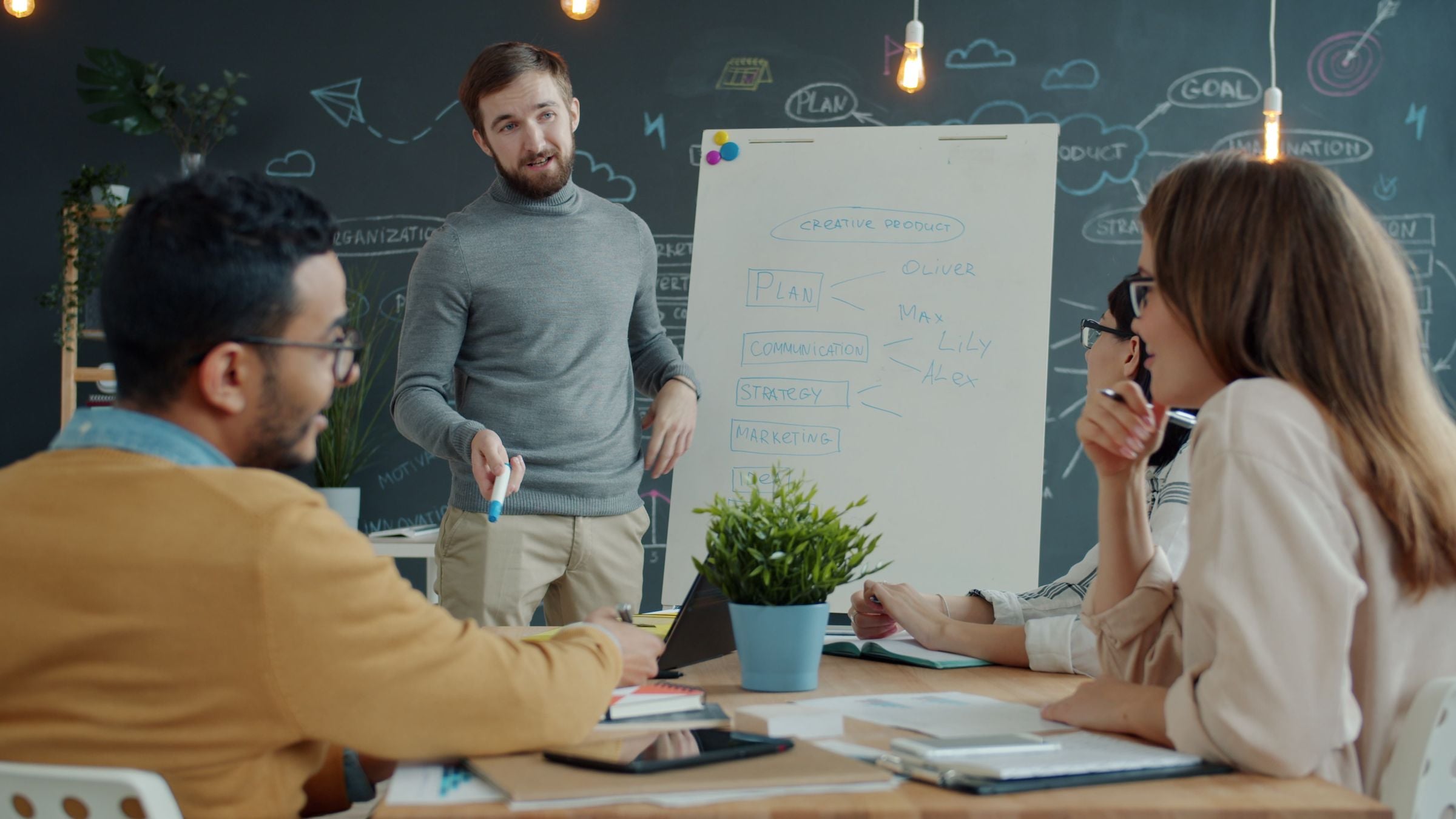 A team planning a product together at a whiteboard